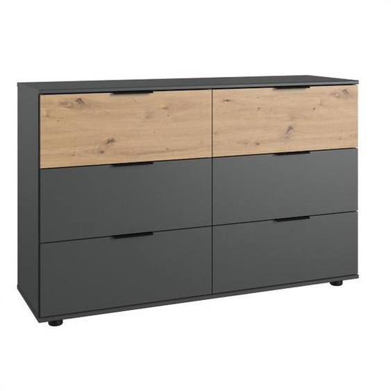 Commode GIRBO 6 tiroirs coloris graphite rechampis imitation chêne artisan