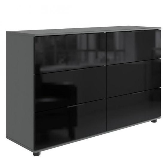 Commode  GRANA 6 tiroirs coloris graphite façade verre noir
