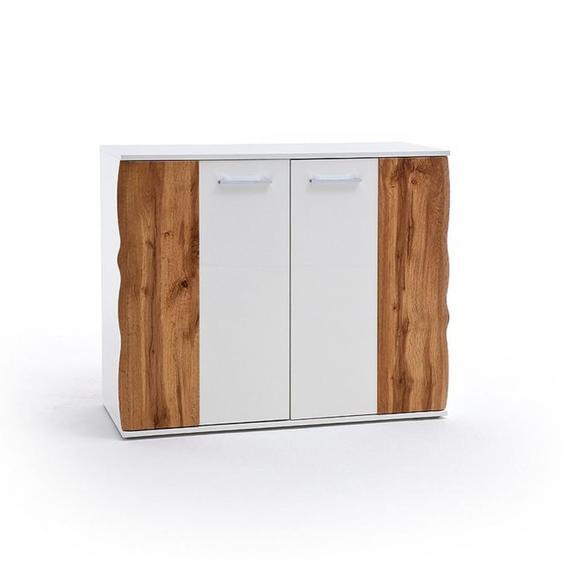 Commode GRANTA bois 2 portes 1 panneau 2 étagères finition laqué blanc brillant