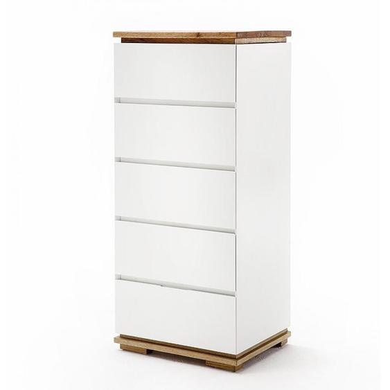 Commode haute CHARLY blanc mat 5 tiroirs plateau et socle chêne massif