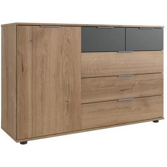 Commode, meuble de rangement coloris imitation chêne poutre, rechampis graphite - Longueur 130 x Hauteur 83 x Profondeur 41 cm