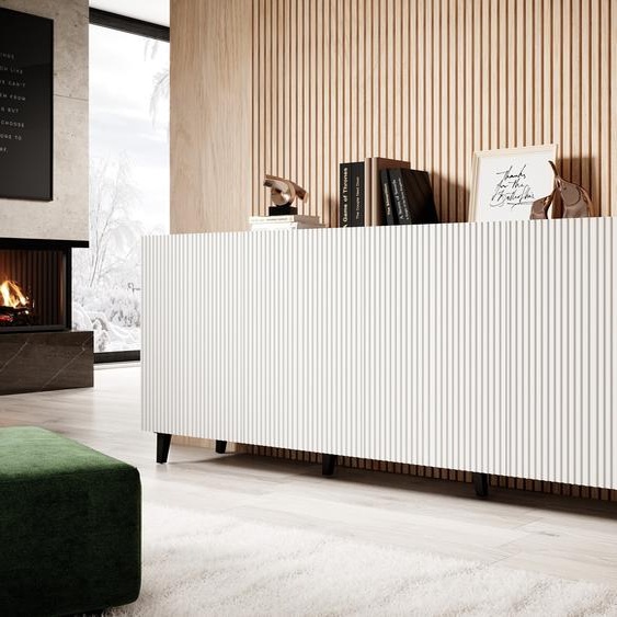 Commode PAFOS 200 cm BLANC MATT pieds noirs avec façades fraisées MDF 4 portes Sideboard Highboard armoire étagères ouvertes buffet