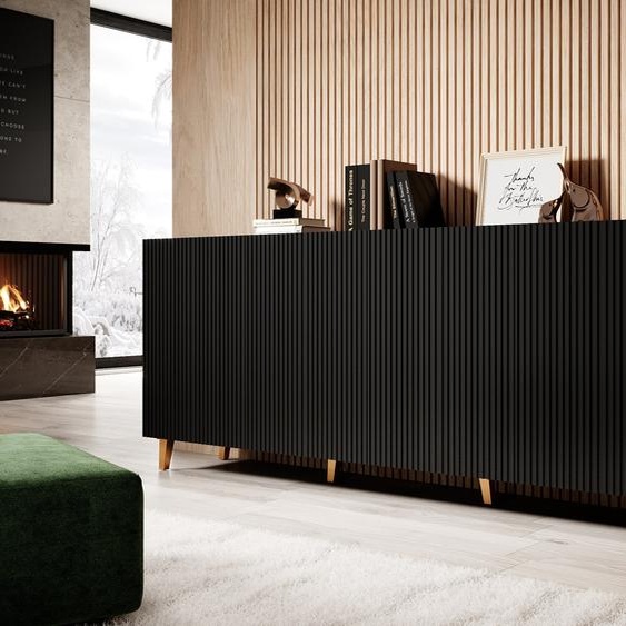 Commode PAFOS 200 cm NOIR MAT PIEDS DORES AVEC FINITIONS FRAISEES MDF 4 portes Sideboard Highboard Armoire Étagères ouvertes Buffet