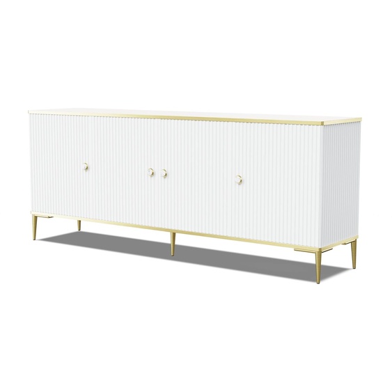 Commode PETRA 182 cm 4D BLANC MATT avec pieds métalliques dorés Buffet MDF 4 portes Armoire Étagères ouvertes Buffet avec façades et côtés fraisés
