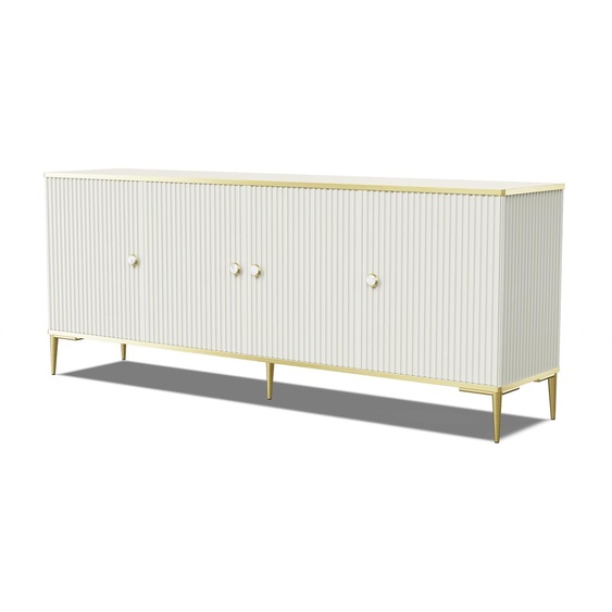 Commode PETRA 182 cm 4D KASCHMIR BEIGE avec pieds en métal doré Buffet MDF 4 portes Armoire Étagères ouvertes Buffet avec façades et côtés fraisés