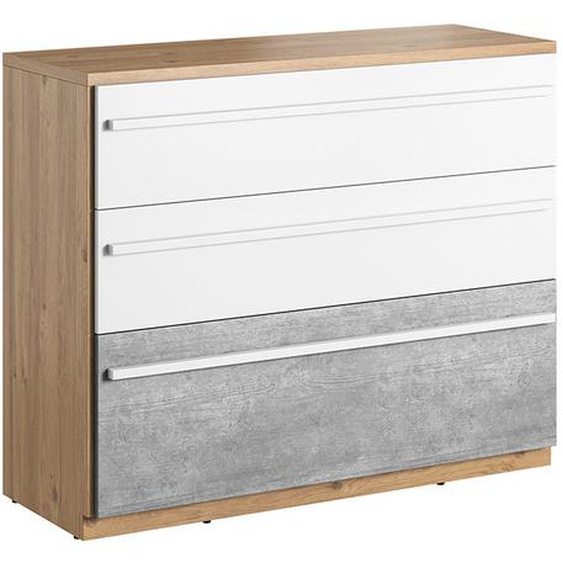 Commode PLANO 3 tiroirs chêne blanc et gris - Panneaux Stratifiés