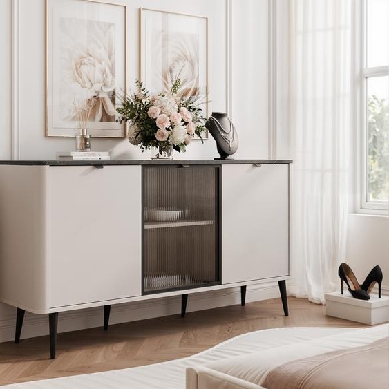 Commode trois portes avec verre NAVANI 160 cm Armoire de rangement Cachemire + gris pierre Système Soft-Close Meuble de rangement debout Commode TV avec portes Armoire striée avec poignées noires Salon