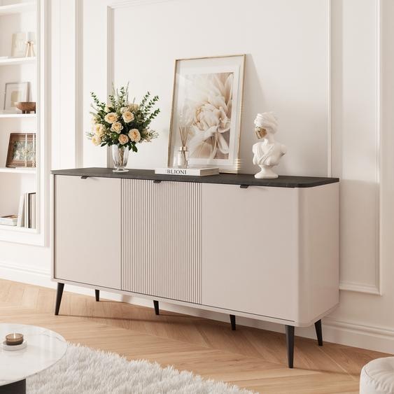 Commode trois portes NAVANI 160 cm Sideboard façades striées Meuble de rangement Système Soft-Close Armoire Salon Poignées métalliques Cachemire + Gris pierre