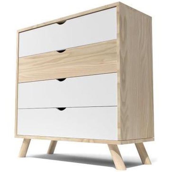 Commode Viking scandinave bois - ABC MEUBLES - Vernis naturel/blanc - 4 tiroirs - 100,5 x 100 x 40 cm