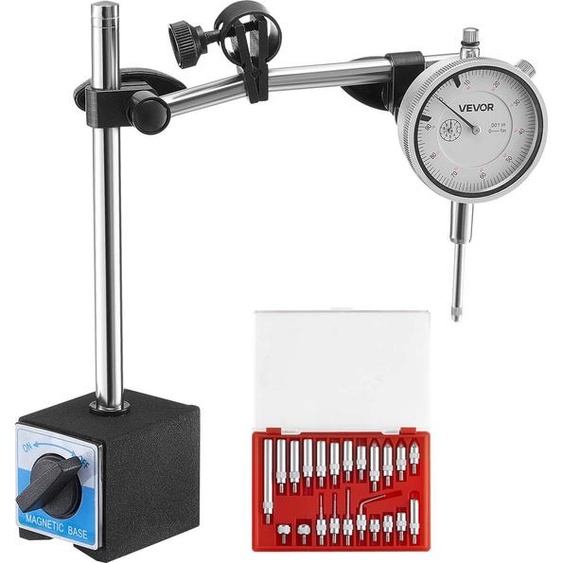Comparateur VEVOR, support de mesure avec double tige & coffret de rangement, précision 0,03 mm, plage 0-25,4 mm, support de comparateur, tiges de centrage non magnétiques pour le réglage de la machine