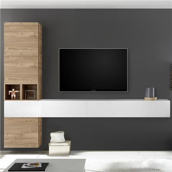 Composition murale TV couleur chêne et blanc laqué ORIAGO