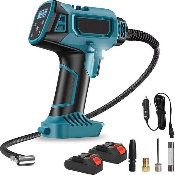 Compresseur portable pour pneus de voiture - Pompe à air sans fil 21 V - Affichage numérique - Appareil manuel - Avec 2 batteries rechargeables et prise UE - 26 × 22 × 10 cm - Vert