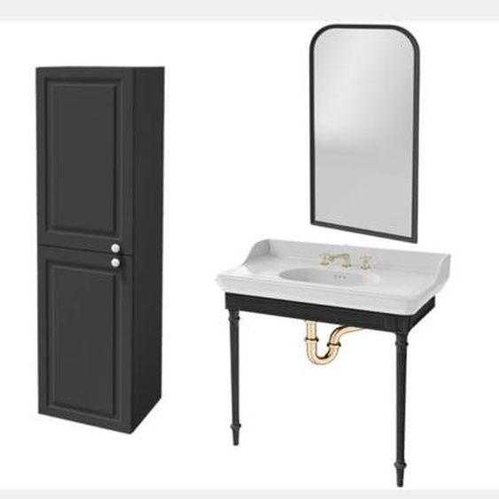 Console Cléo 1889 avec plan vasque 3 trous + colonne gauche + miroir + mélangeur croisillon lavabo or + siphon or