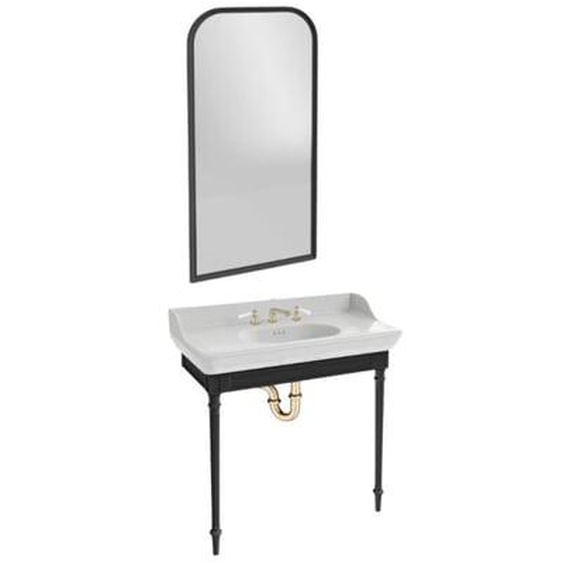 Console Cléo 1889 avec plan vasque 3 trous + miroir + mélangeur poignée lavabo or + siphon or