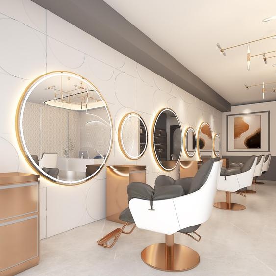 Console de coiffure professionnelle avec miroir LED 90x90 PRO doré rond pour barbier et esthétique