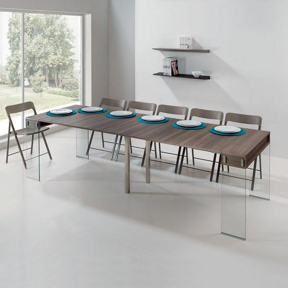 Table console extensible 45 à 270 cm STEF XL 10 couverts piétement verre clair plateau noyer
