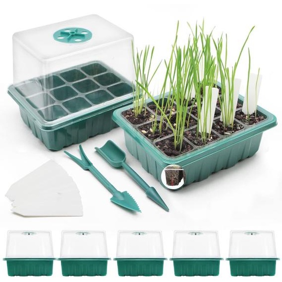 Conteneur de semis avec 60 alvéoles, lot de 5, avec couvercle transparent et fenêtre de ventilation réglable, pour les