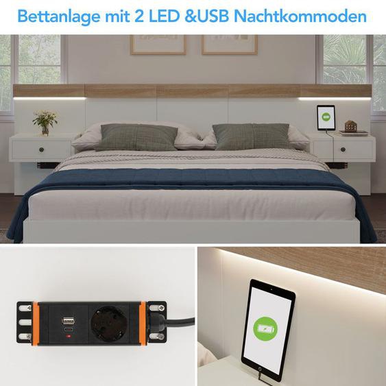 Cooyes Lit double 180 x 200 cm et 2 tables de chevet avec LED et USB, en Bois, chêne et blanc. sans matelas
