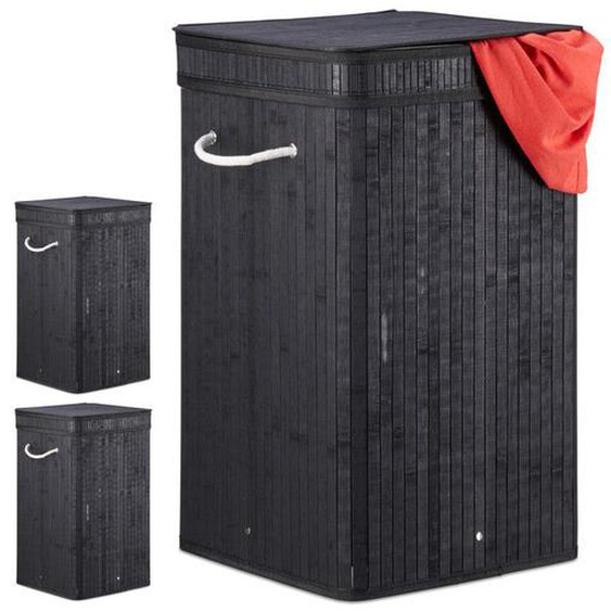Corbeille à linge pliable, lot de 3, Bambou, avec anse, 70 litres, couvercle, HxlxP 63 x 36 x 36 cm, noir