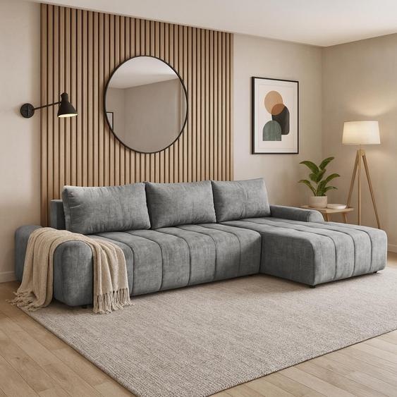 Costa Canapé dangle en L avec fonction de couchage Meuble de chevet Tissu : Vogue 14 gris Pouf : à droite