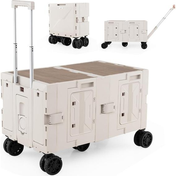 COSTWAY 150L Bollerwagen pliable, chariot de transport avec tablette, 2 caisses de rangement, poignée & porte-boissons, chariot de jardin jusquà 60kg, blanc