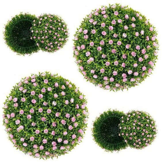 COSTWAY 2 Boules Topiaires Artificielles 37 cm avec des Fleurs Rose, Plantes de Faux à Suspendre ou Poser pour Jardin, Mariage