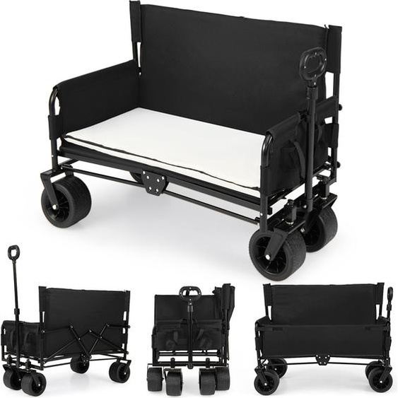 COSTWAY Chariot 2 en 1 85 L pliable, chariot de jardin avec banc, poignée réglable, coussin et poches latérales, chariot à main pouvant transporter jusquà 80 kg, noir