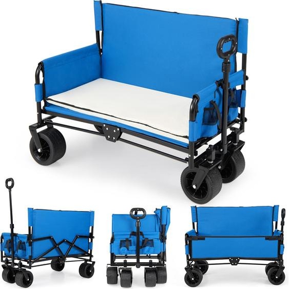 COSTWAY Chariot 2 en 1 85 L pliable, chariot de jardin avec banc, poignée réglable, coussin et poches latérales, chariot à main pouvant transporter jusquà 80 kg, bleu