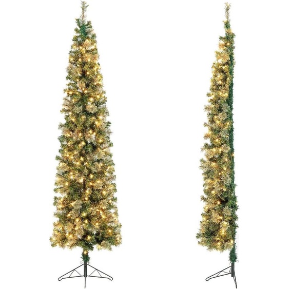 COSTWAY 210cm Demi-sapin de Noël artificiel illuminé, Sapin de Noël avec 150 lumières LED, Sapin de Noël dangle avec support métallique, Sapin artificiel de Noël, pour bureau, maison, fête