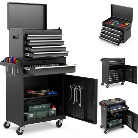 COSTWAY 2in1 Chariot datelier avec mallette, 8 compartiments, crochets & étagère réglable, chariot à outils verrouillable sur roues jusquà 100kg Métal 59x28x102cm
