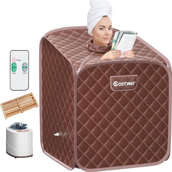 COSTWAY 2L Mini sauna à vapeur, sauna à domicile cabine thermique avec fonction de pulvérisation & minuterie & 9 niveaux de température, sauna assis avec télécommande, chaise, cabine de sauna 85 x 84 x 106cm (brun)