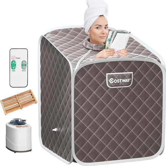 COSTWAY 2L Mini sauna à vapeur, sauna à domicile cabine thermique avec fonction de pulvérisation & minuterie & 9 niveaux de température, sauna assis avec télécommande, chaise, cabine de sauna 85 x 84 x 106cm (gris)