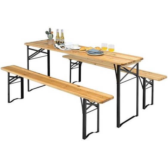COSTWAY 3pcs. table de pique-nique avec 2 bancs, table de camping cadre métallique, ensemble de tente pour terrasse, jardin 178 x 46 x 76cm