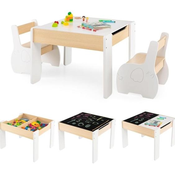 Costway - 4 en 1 Table Enfants avec 2 Chaises en Forme dEléphant, Table et Chaises en Bois avec Tableau Amovible, Espace de Rangement, Bureau pour