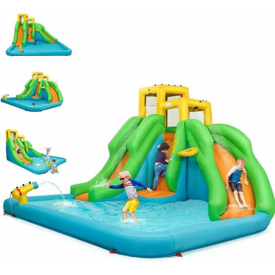 Costway - 5 en 1 Château Gonflable Enfants avec Toboggan Double, Parc Aquatique Gonflable avec Mur descalade, Panier, Piscine, Canon à Eau, Charge