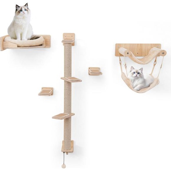 COSTWAY 5 PCS Mur descalade pour chats, arbre à chat avec plates-formes, griffoirs en jute, lit pour chats, 2 hamacs, balle&marches, arbre à grimper Meubles pour chats nature
