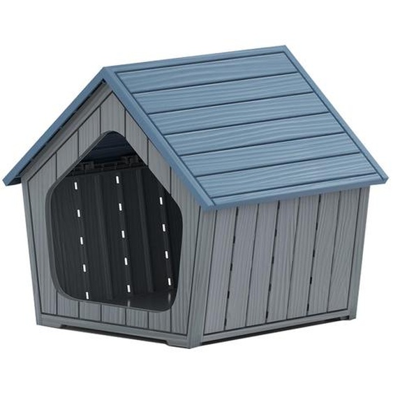 COSTWAY 59,5x57x58 cm Niche pour chien Outdoor, maison pour chien en plastique résistante à lhiver, grotte pour chien avec trous daération & toit incliné, niche pour animaux domestiques, bleu+gris
