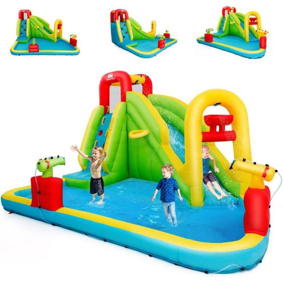 7 en 1 Château Gonflable avec Toboggan Aquatique & Mur dEscalade, Aire de Jeux Gonflable Grande avec Piscine & Pistolet à Eau, Charge 158kg pour 3