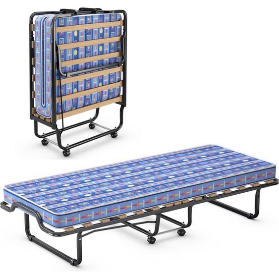 COSTWAY 80x200cm Lit dinvité pliable, Lit pliant avec matelas en mousse à mémoire de forme, Lit pliant avec cadre en acier stable, jusquà 120kg, Lit métallique sur roulettes, pour chambre damis bureau (Bleu)