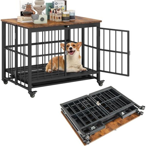 COSTWAY 80x61x64cm Cage pour chien Meuble, pliable, niche pour chien avec roulettes, plateau amovible&porte verrouillable, 2en1 table dappoint Box pour chien Indoor