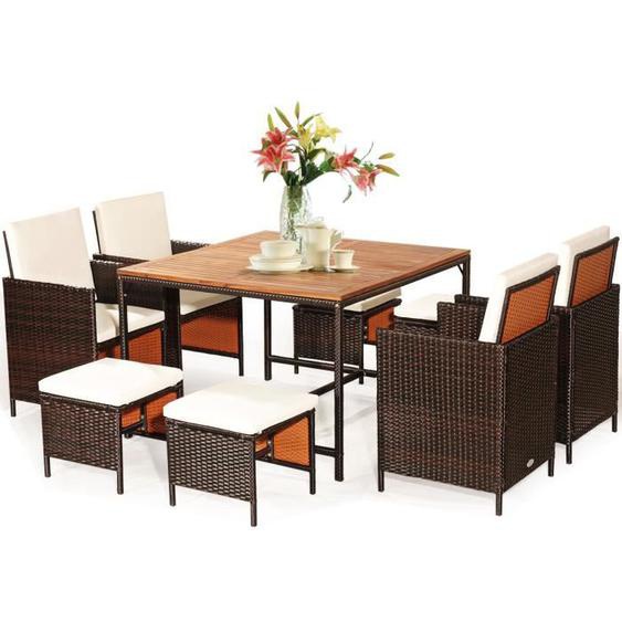 COSTWAY 9 Pcs Salon de Jardin en Rotin PE+Bois d’Acacia - 8 Personnes - Ensemble de Table et Fauteuils, Repose-Pieds - Marron+Blanc
