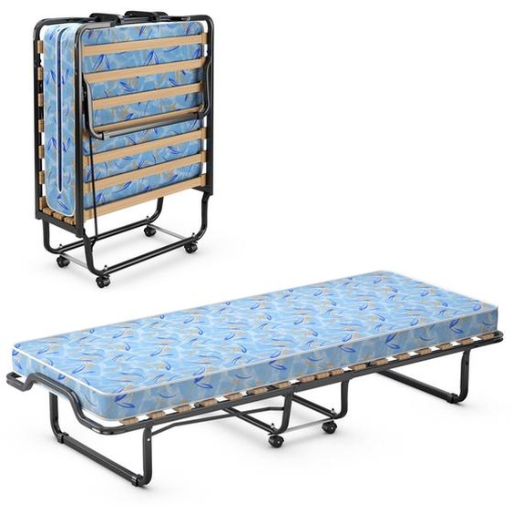 COSTWAY 90x200cm Lit dappoint avec matelas en mousse à mémoire de forme, Lit simple pliable, Lit métallique stable jusquà 120 kg, Lit pliant sur roulettes, Lit pliant pour bureau & chambre damis, Lit portable (bleu)