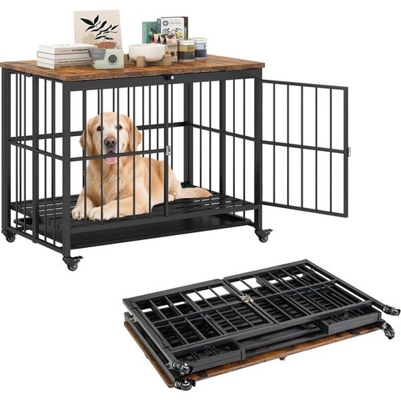 COSTWAY 97x64x75 cm Cage pour chien Meuble, pliable, niche pour chien avec roulettes, plateau amovible&porte verrouillable, 2en1 Table dappoint Cage pour chien Indoor