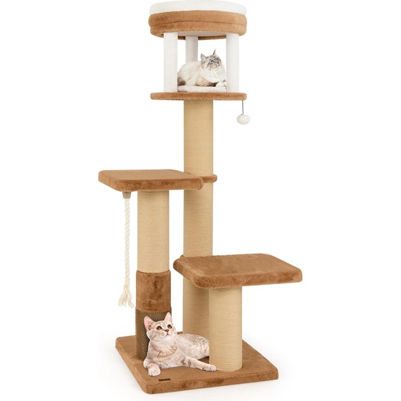 COSTWAY Arbre à chat 164cm, arbre à chat avec plateformes, lit pour chat, brosse à poils, jouets & corde en sisal, meuble pour chats Arbre dactivité Arbre de jeu Marron