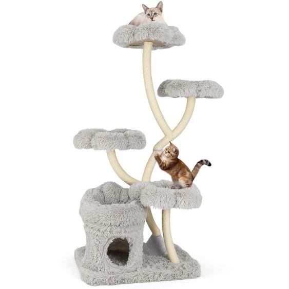 COSTWAY Arbre à chat 165cm, Arbre pour chats Meuble pour chats avec 4 surfaces de repos chaudes & grotte pour chats & troncs en sisal, Arbre à grimper Tour pour chats Gris