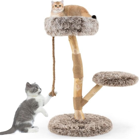 COSTWAY Arbre à chat 90cm en bois avec 3 sièges en peluche, corde & poteau griffoir en jute, tour pour chats Meubles pour chats, arbre à chat à grimper, brun+naturel