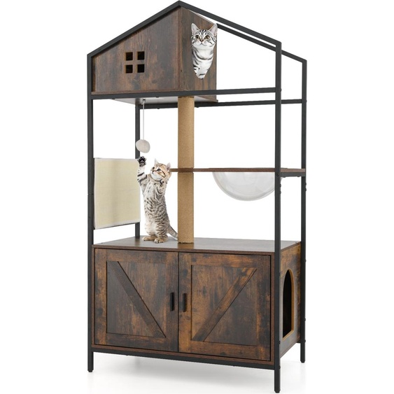 COSTWAY Arbre à chat Armoire à chat Meuble tout-en-un pour bac à litière avec armoire à litière, poteau en jute, capsule spatiale & tapis à griffer 80x48x150cm