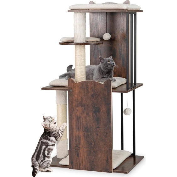 COSTWAY Arbre à chat bois et métal, 112 cm, Arbre à chat avec griffoirs, 4 plates-formes, balles & coussins amovibles, Vintagebraun
