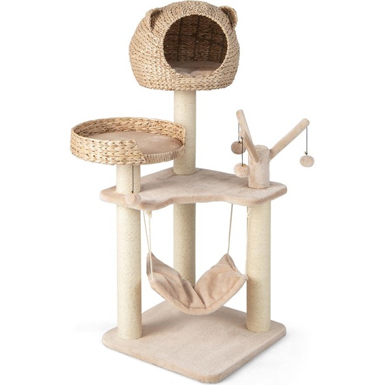 COSTWAY Arbre à chat de 121 cm de haut, arbre à grimper avec grotte pour chats en duvet de cannes, grand lit, hamac & balles en peluche, colonne entièrement entourée de sisal, paradis de lescalade pour les chats dintérieur