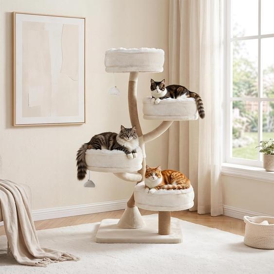 COSTWAY, arbre à chat de 132 cm, avec 4 plateformes amovibles, 2 jouets suspendus avec clochettes et des poteaux à gratter en jute, idéal pour grimper et jouer